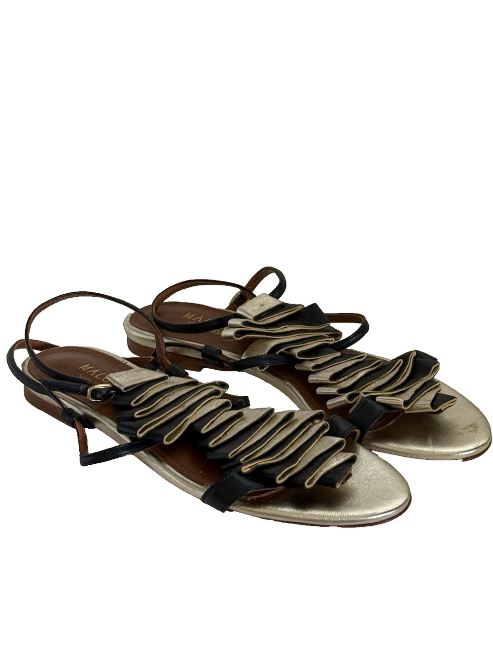 Malone Souliers Black Gold Leather Flat Sandals Ruffled Straps EU 37 US 6.5